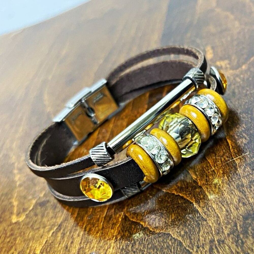 Brown Leather Wrap Beaded Bracelet 8” Yellow Crystal Stones SS Snap Clasp